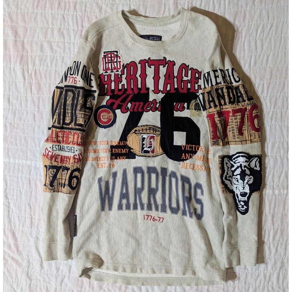 Heritage America Warriors 1776 Graphic Patchwork Embroider Fleece Sweat Shirt XL